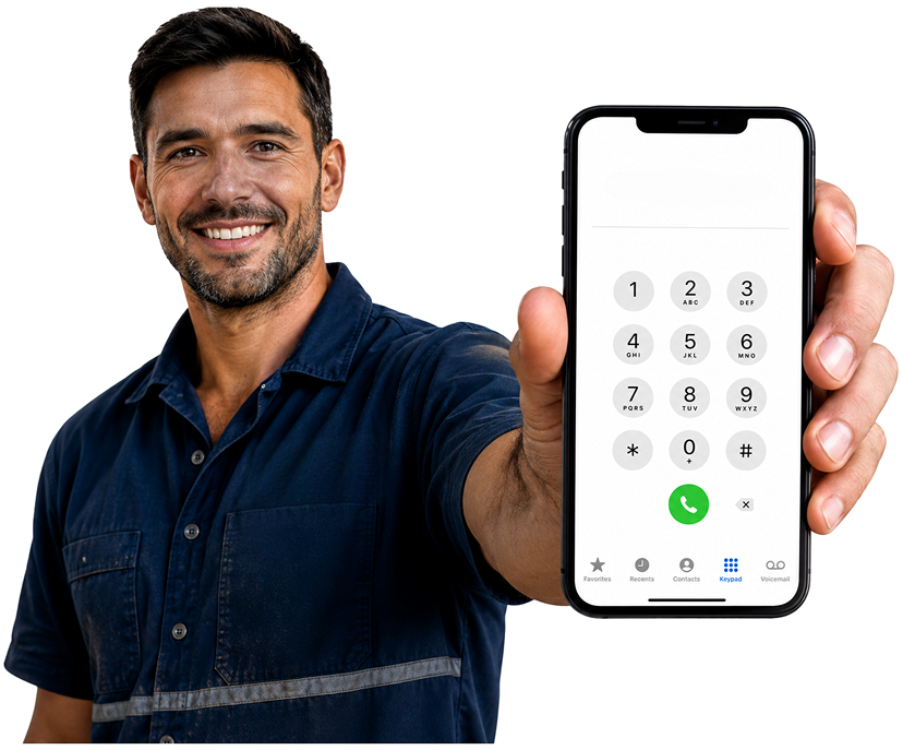 Elizabeth Bay Blocked Drains plumber holding a phone — call 1300 261 965