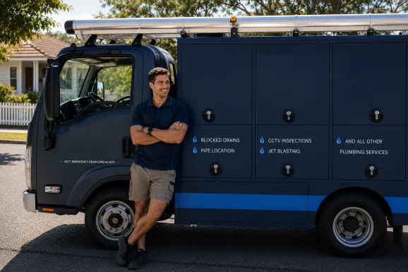 Plumber standing beside a service van in Elizabeth Bay