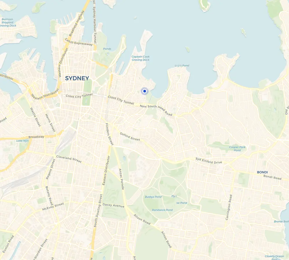 Map of the Elizabeth Bay service area and the surrounding Eastern Suburbs, showing Elizabeth Bay and the nearby streets we cover.