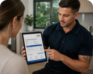 Plumber showing a Elizabeth Bay customer the quote on a tablet