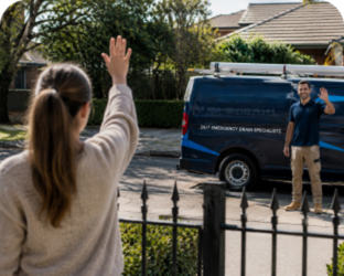 Customer waving goodbye to a Elizabeth Bay Blocked Drains plumber